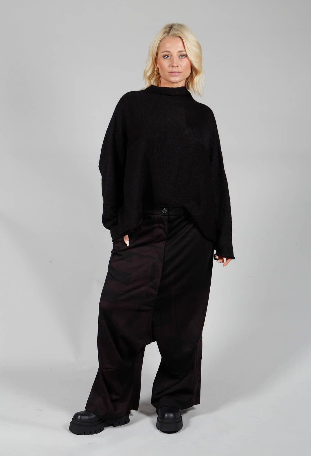 Wide Leg Drop Crotch Trousers in Espresso Print