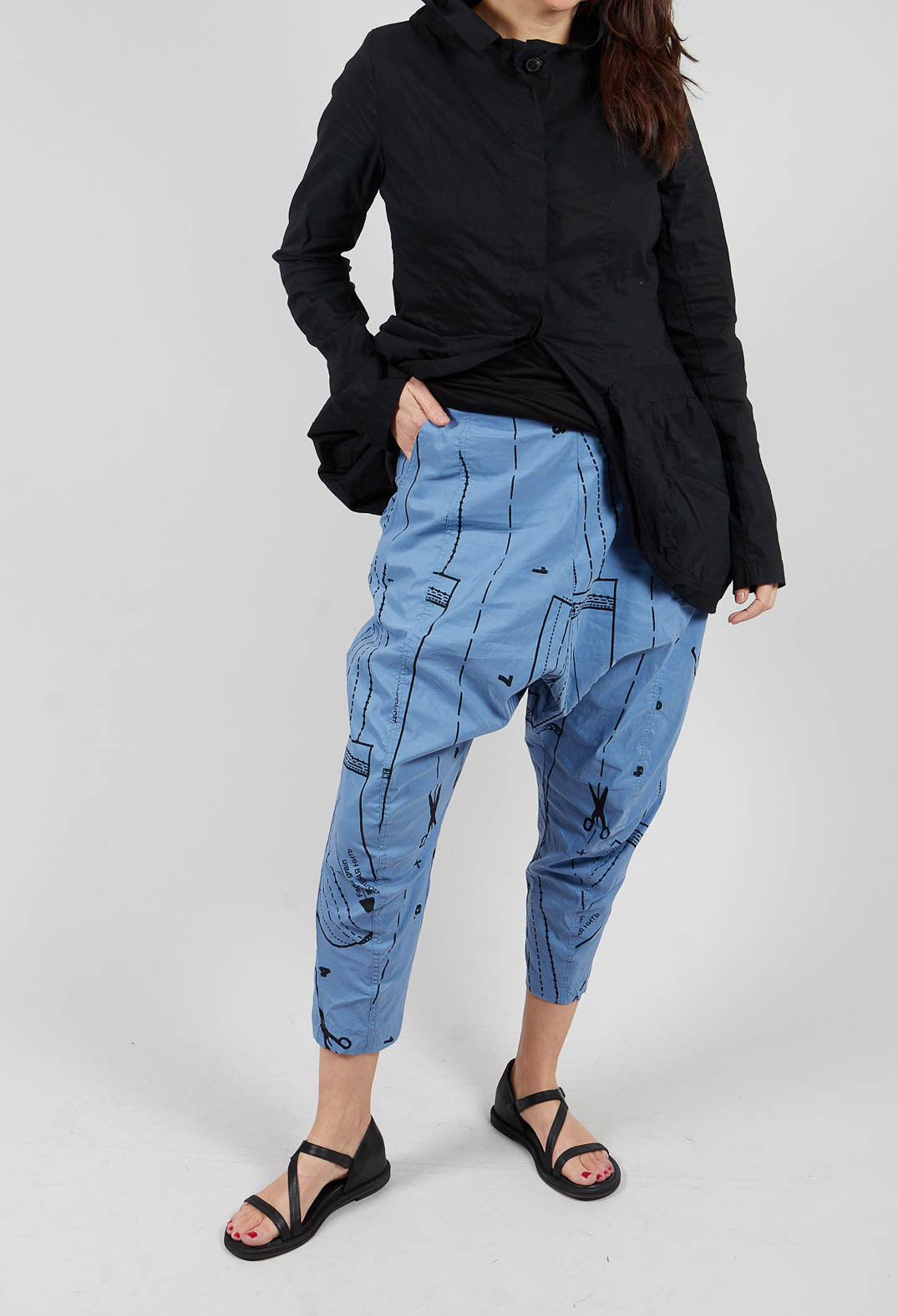 Pull On Drop Crotch Trousers in Sloe Black Allover