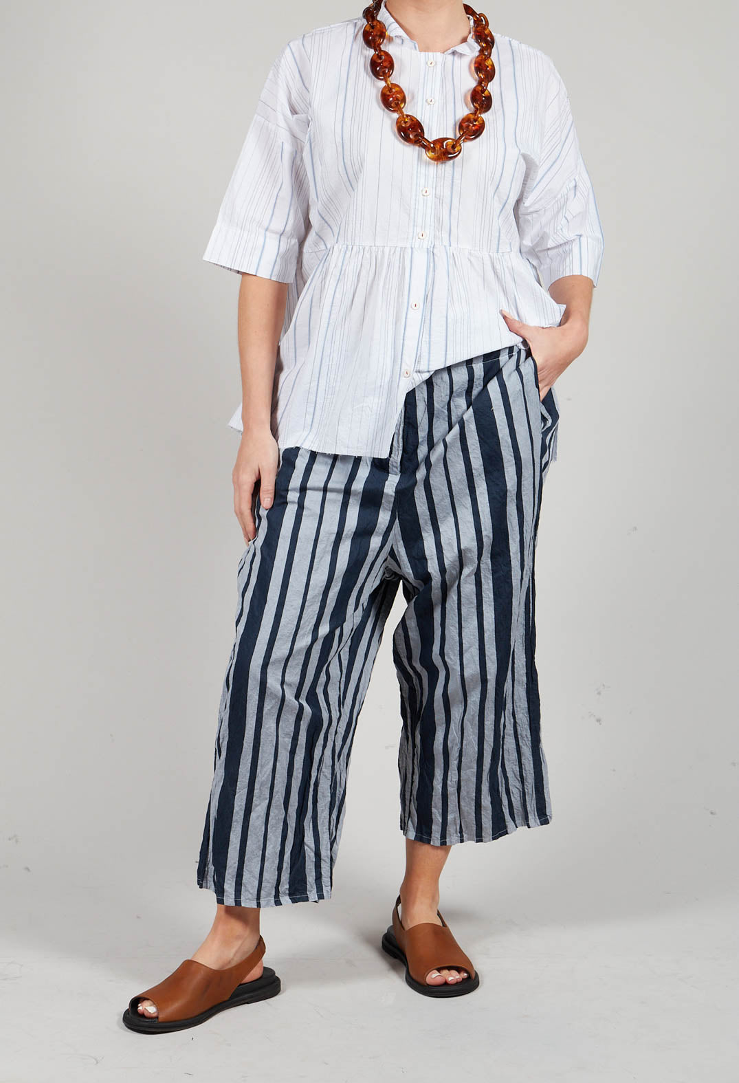 Striped Cropped Style - Casual Trousers in Alu