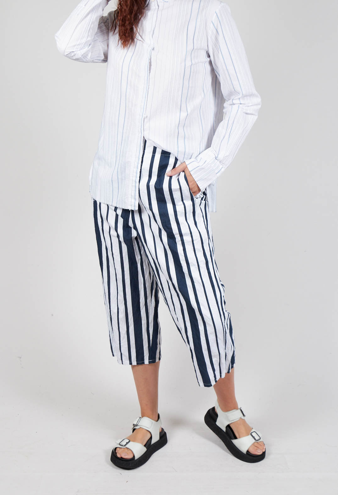 Striped Cropped Style - Casual Trousers in White