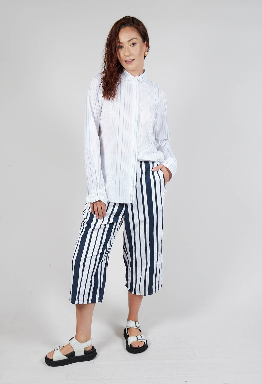 Striped Cropped Style - Casual Trousers in White