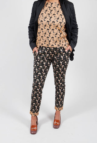 Structured Straight Leg Trousers with Print in Nero / Biscotto