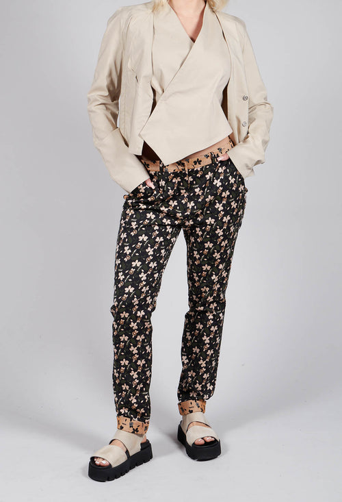 Structured Straight Leg Trousers with Print in Nero / Biscotto