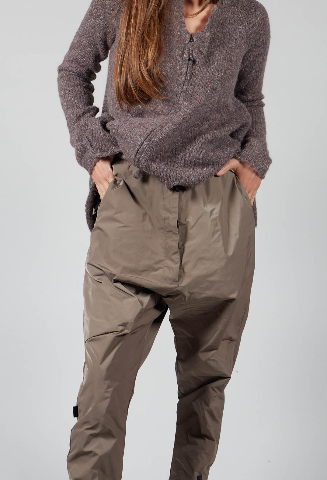 Drop Crotch Trousers with Elasticated Waist and Drawstring in Walnut