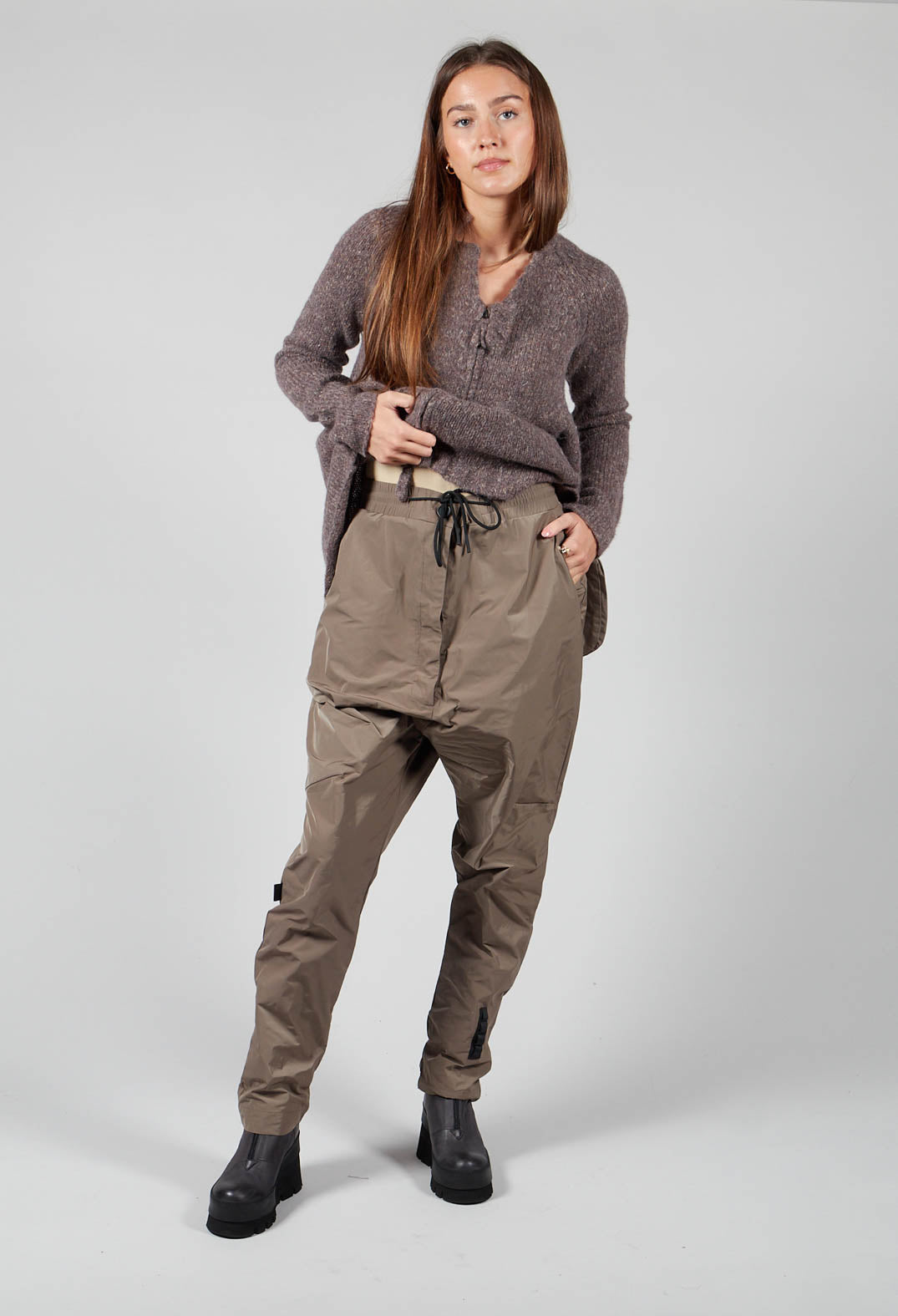 Drop Crotch Trousers with Elasticated Waist and Drawstring in Walnut