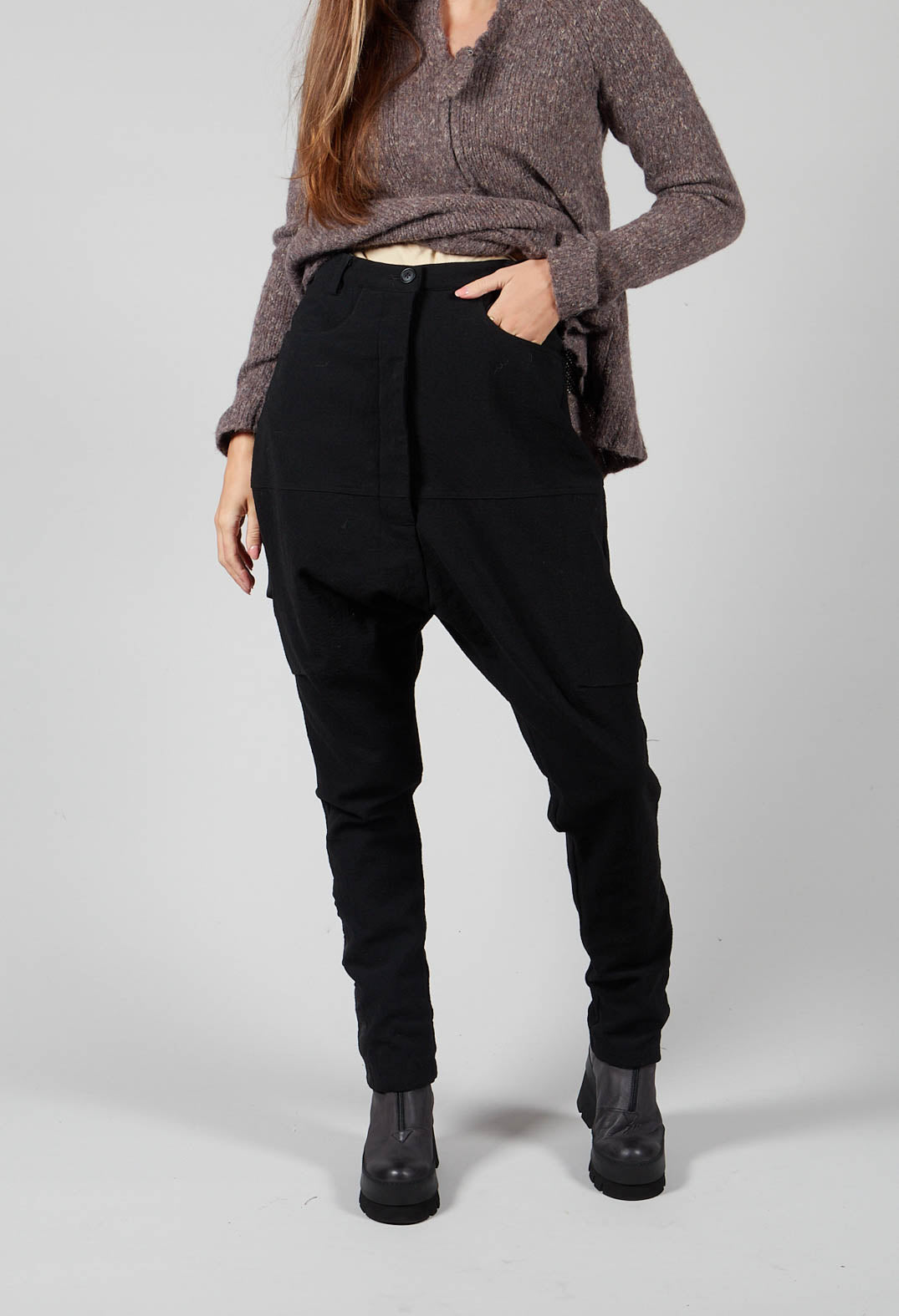 Low Drop Crotch Trousers with Military Trim in Black