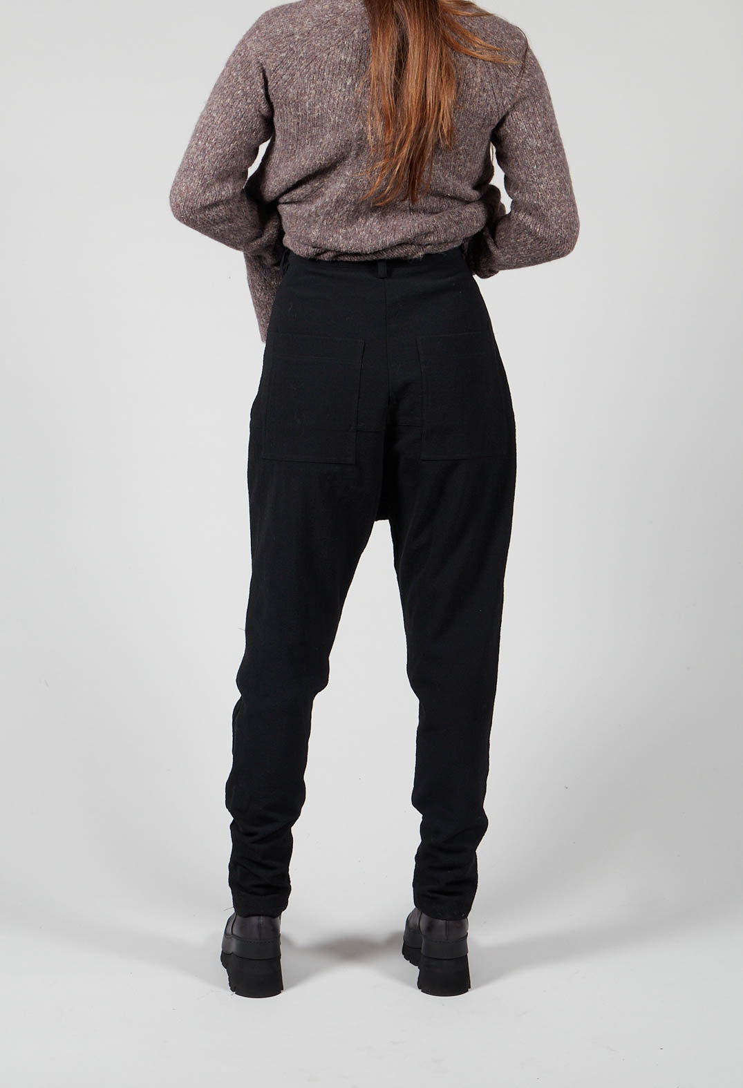 Low Drop Crotch Trousers with Military Trim in Black