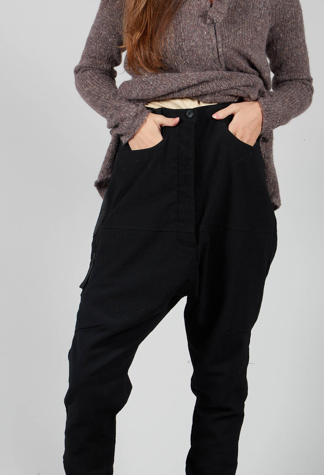 Low Drop Crotch Trousers with Military Trim in Black