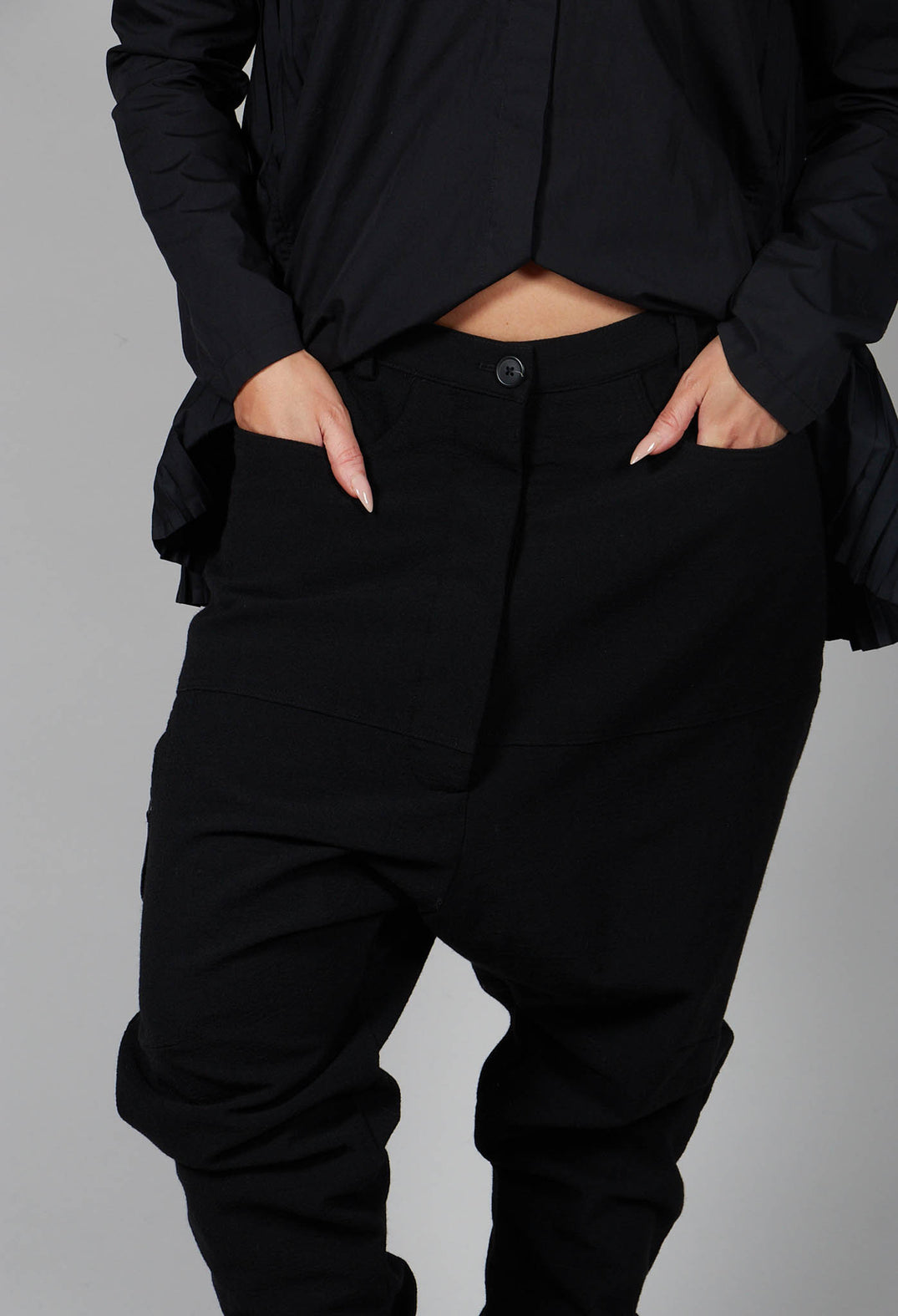 Low Drop Crotch Trousers with Military Trim in Black