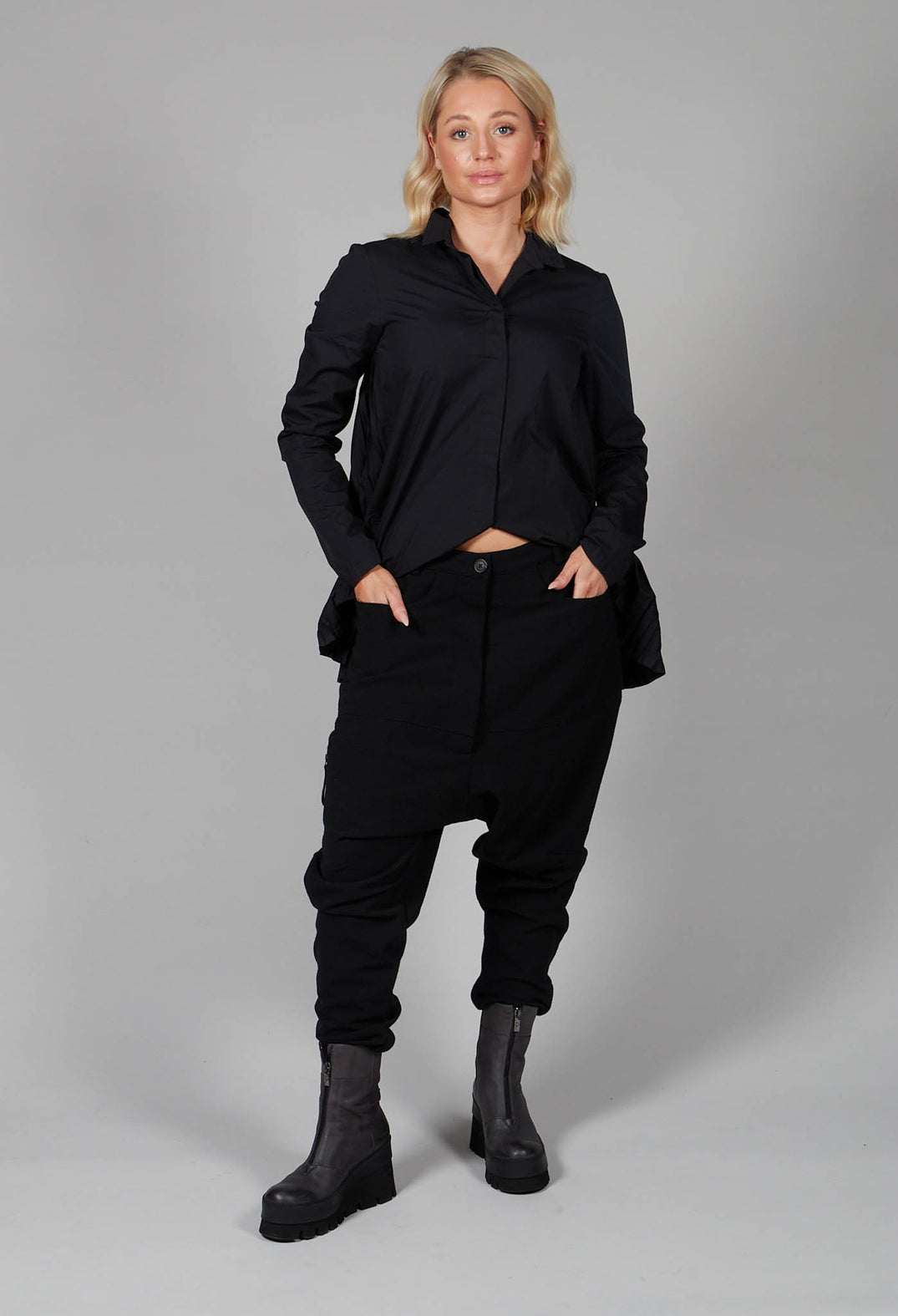 Low Drop Crotch Trousers with Military Trim in Black