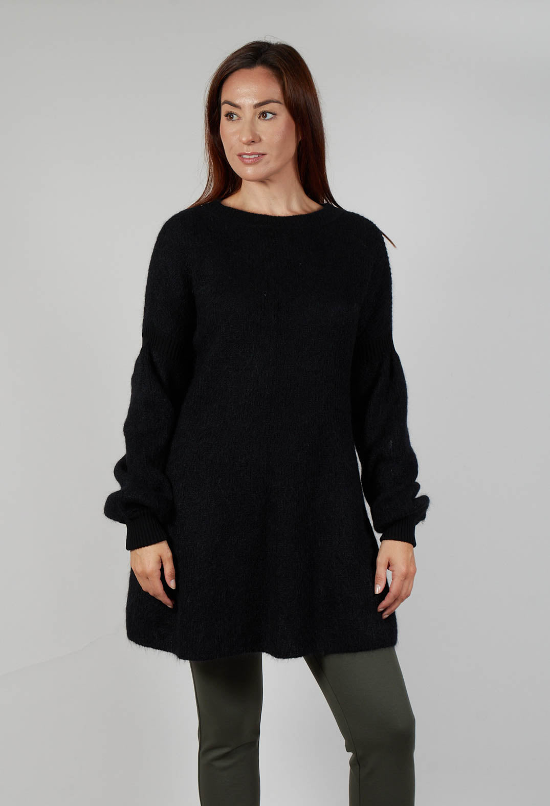 Knitted Flared Jumper Dress with Balloon Sleeves in Black Olivia May