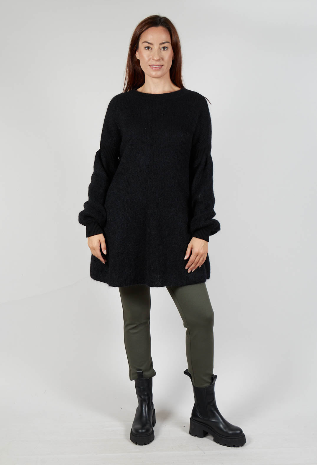 Knitted Flared Jumper Dress with Balloon Sleeves in Black