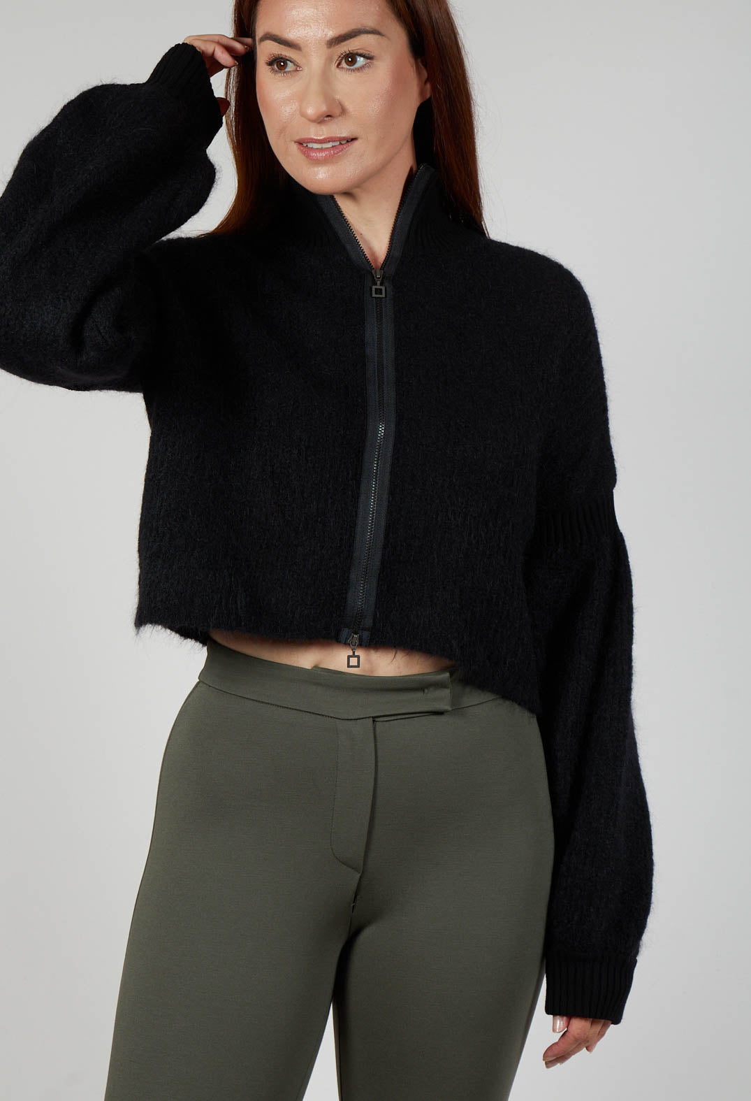 Cropped High Neck Zip Up Cardigan in Black