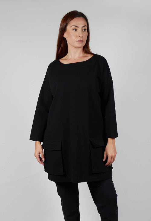 Slash Neck Tunic Dress with Large Pocket Detail in Black