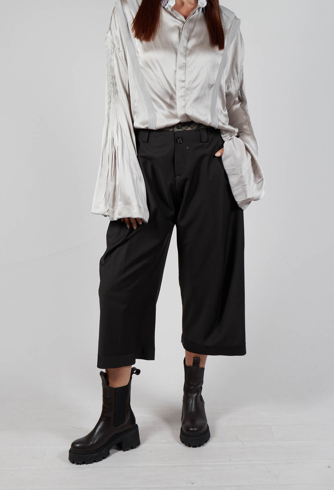 Wide Leg Trousers with Side Pleats in Dark Grey