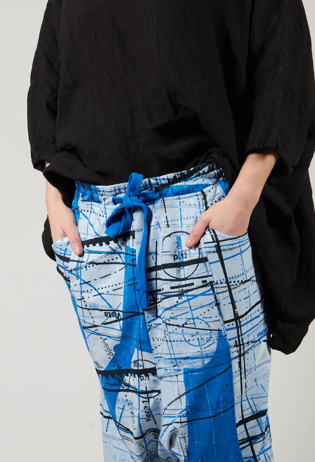 Jersey Drop Crotch Trousers with All Over Pattern in Blueberry Print