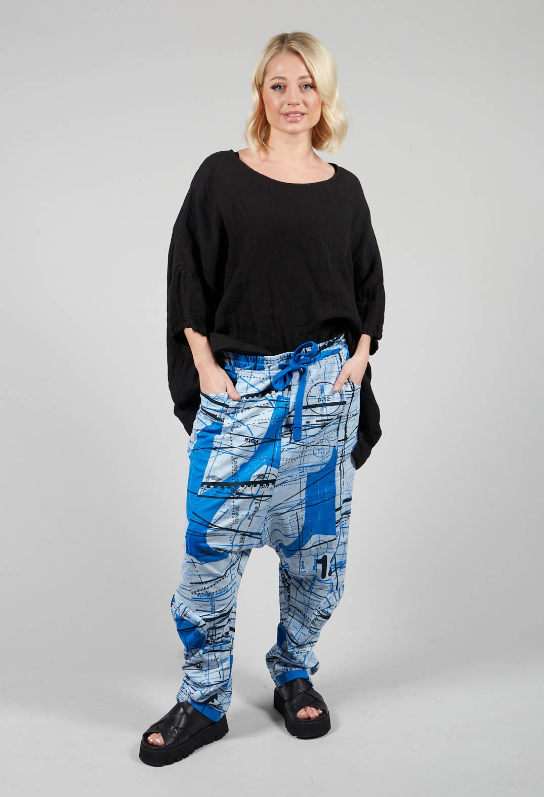 Jersey Drop Crotch Trousers with All Over Pattern in Blueberry Print