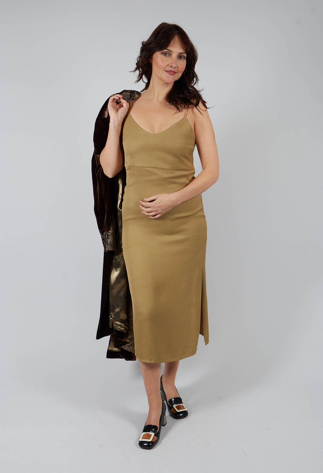 Midi Length Dress with Side Splits in Sand