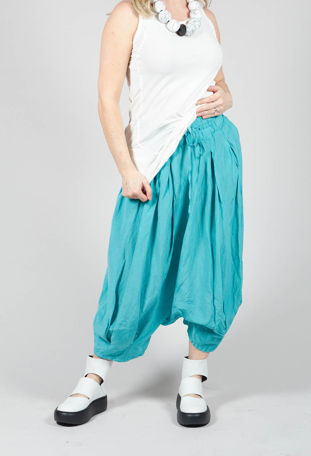 Short Cropped Drop Crotch Trousers in Aqua