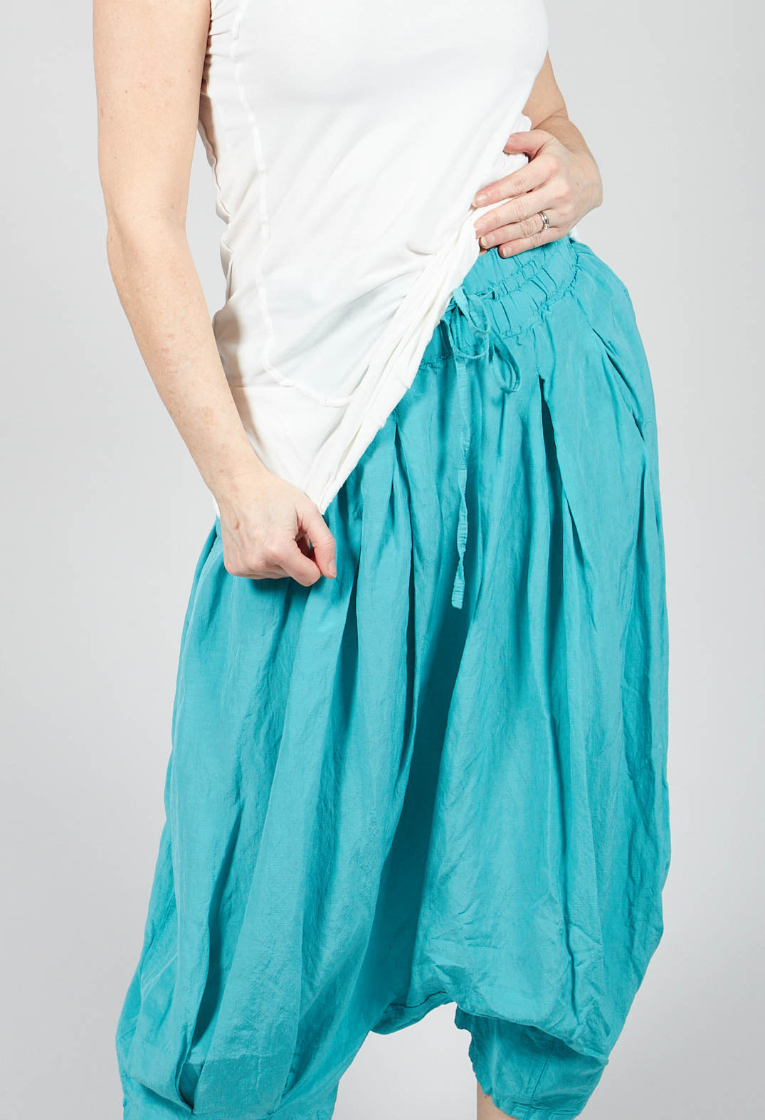 Short Cropped Drop Crotch Trousers in Aqua