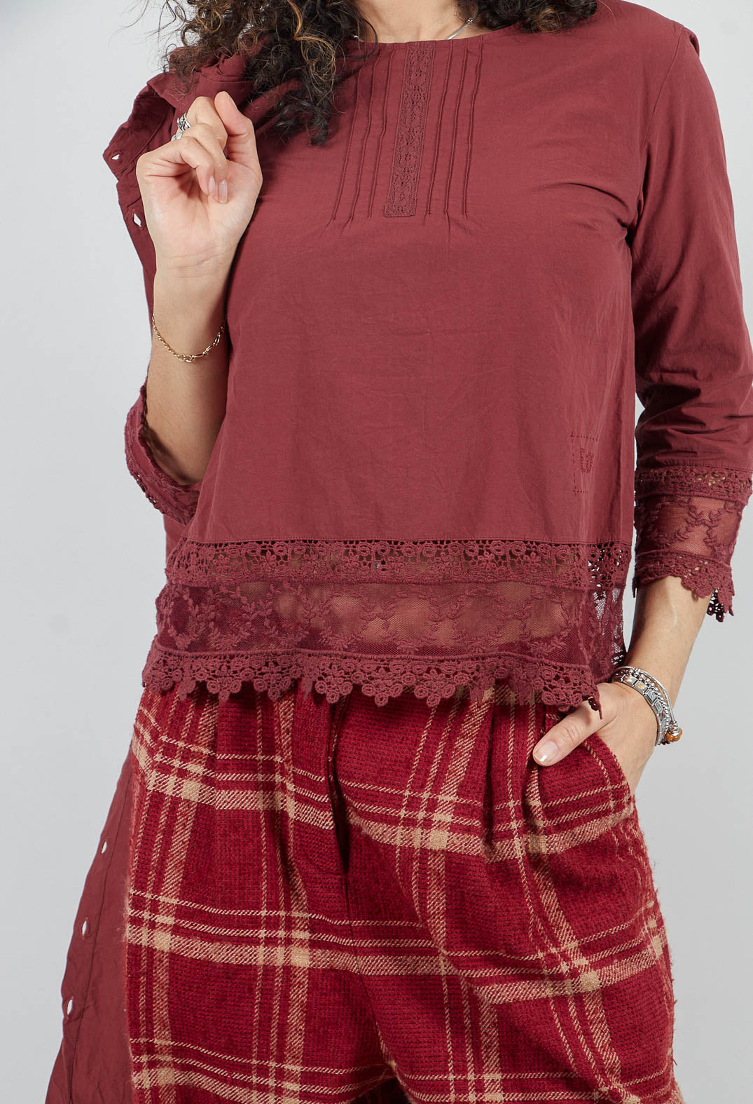 Cotton Blouse with Lace Hem In Maroon