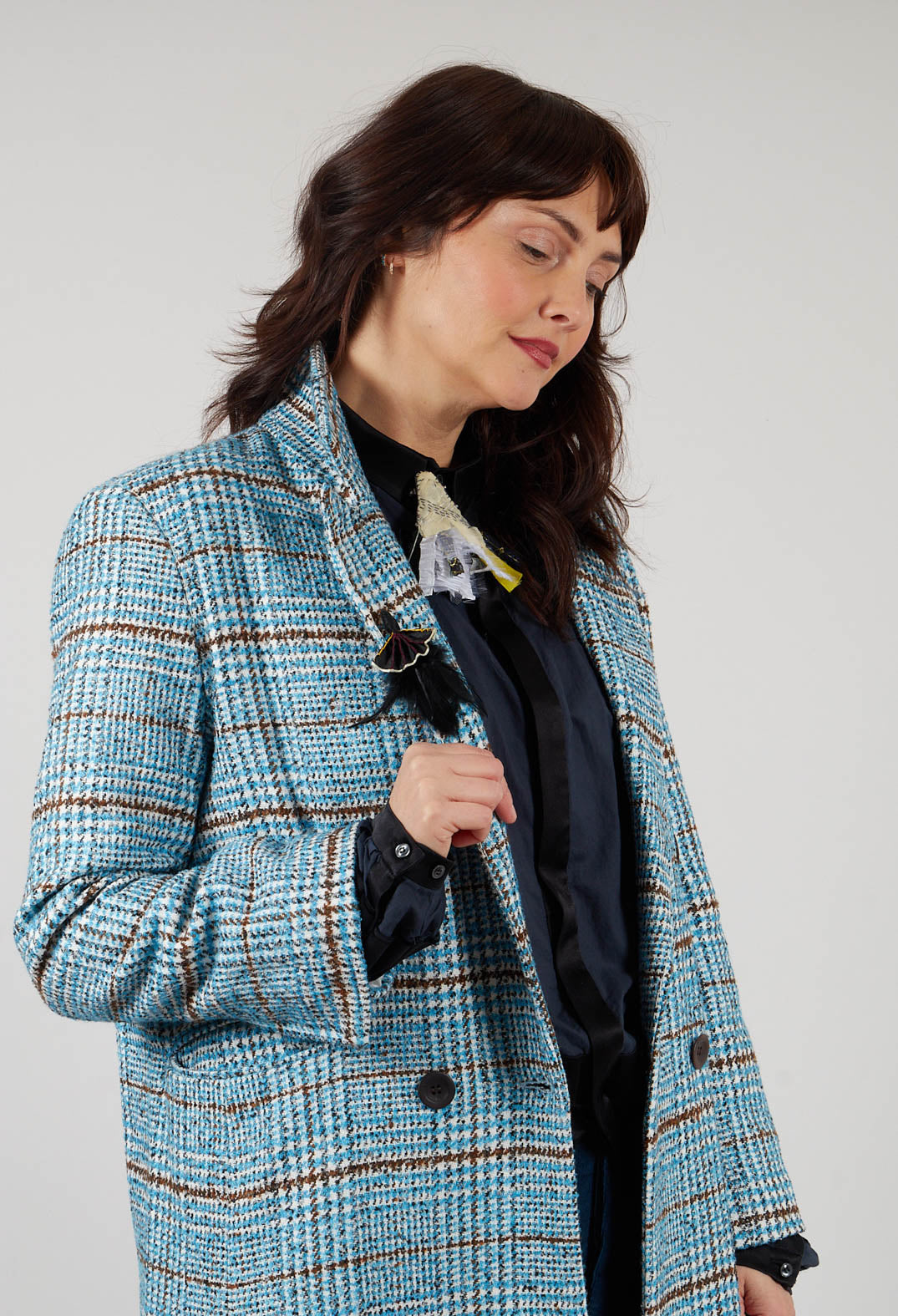 Checked Wool Coat in Light Blue