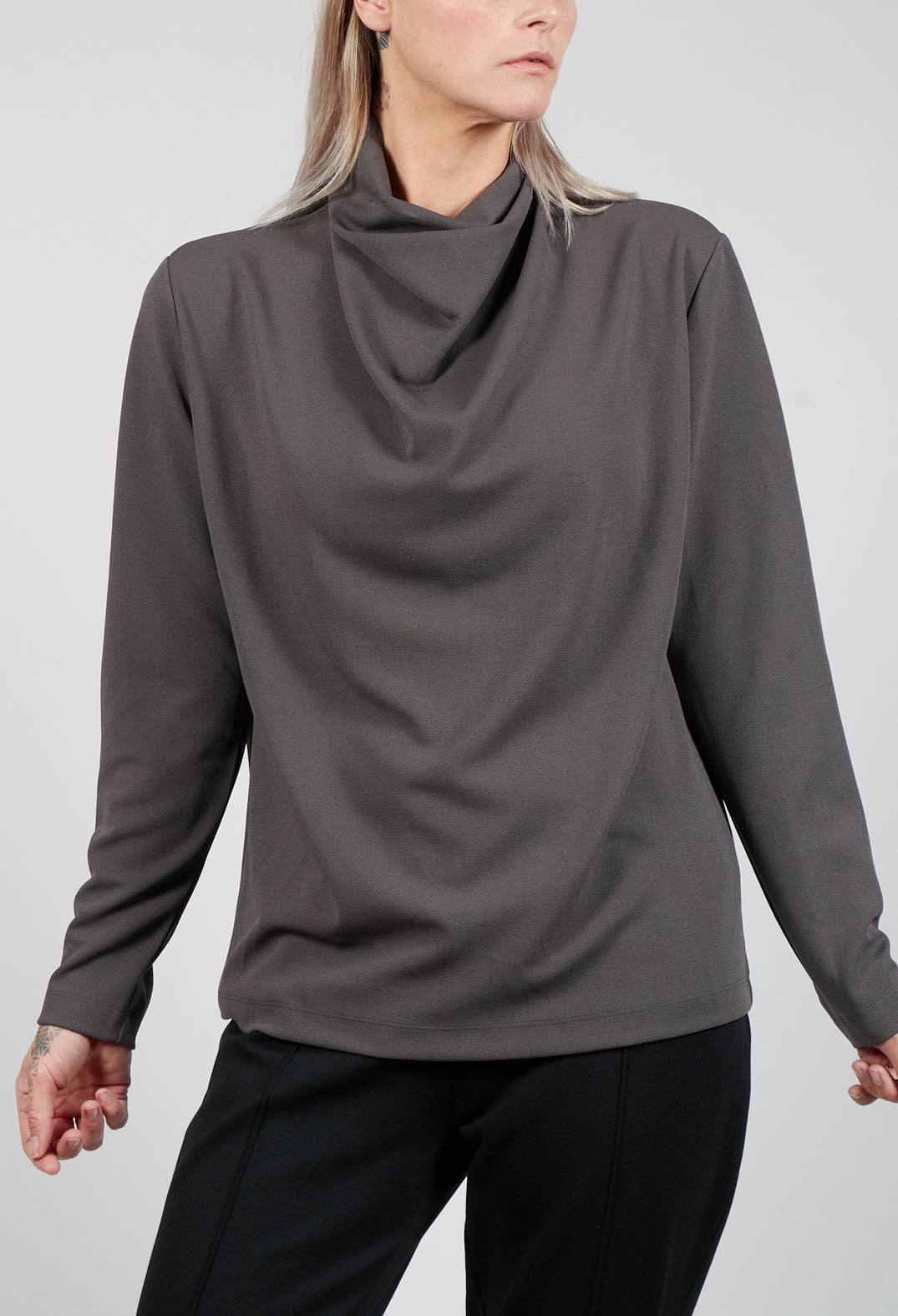 Draped Neck Blouse with Long Sleeves in Grey