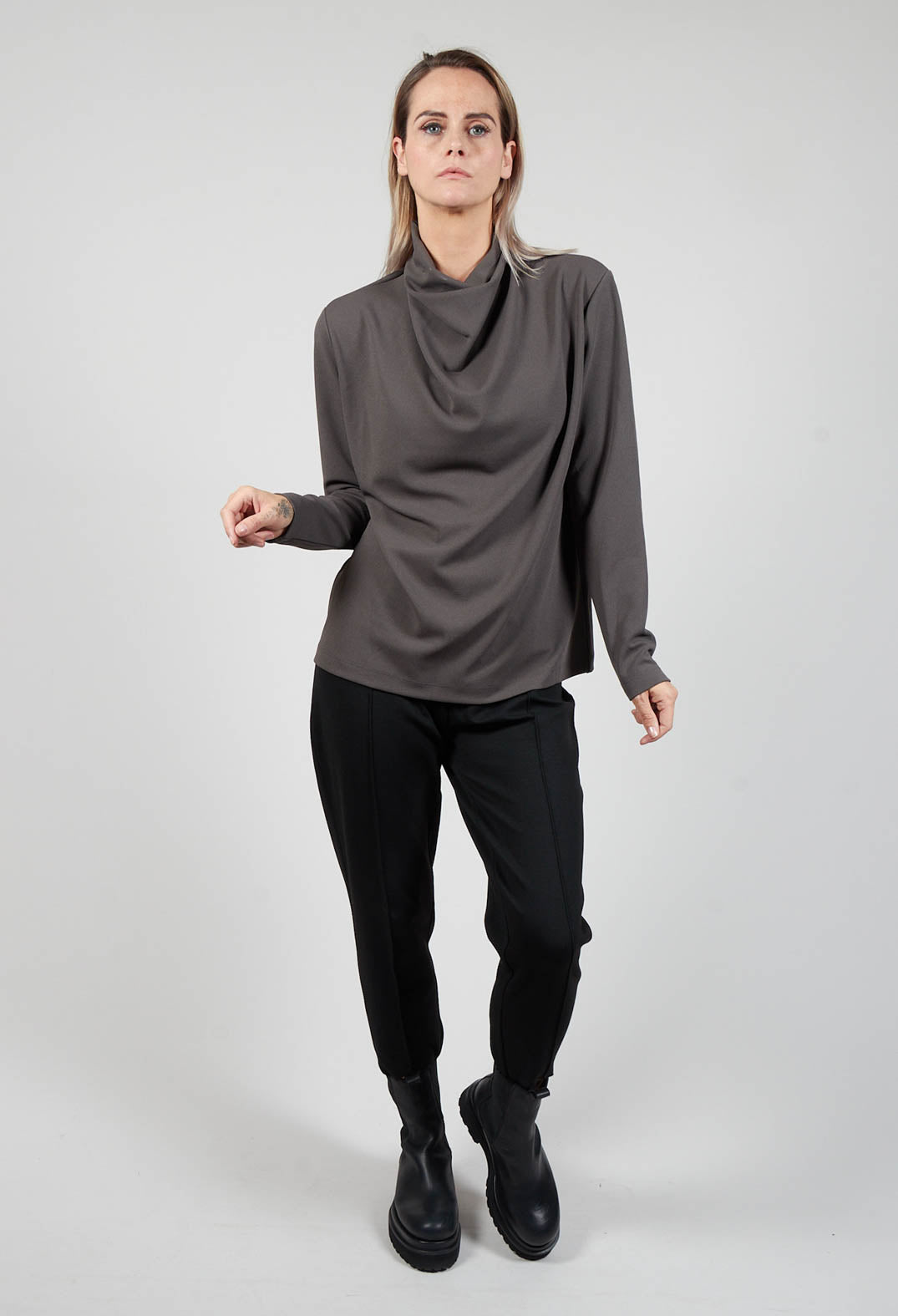 Draped Neck Blouse with Long Sleeves in Grey