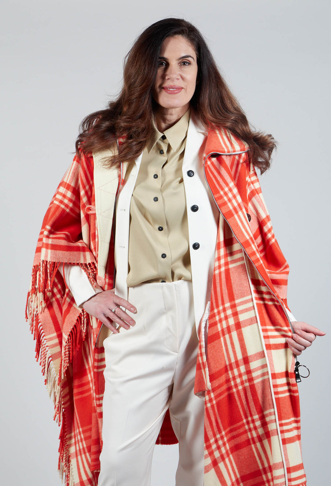 Checkered Wool Cape in Red