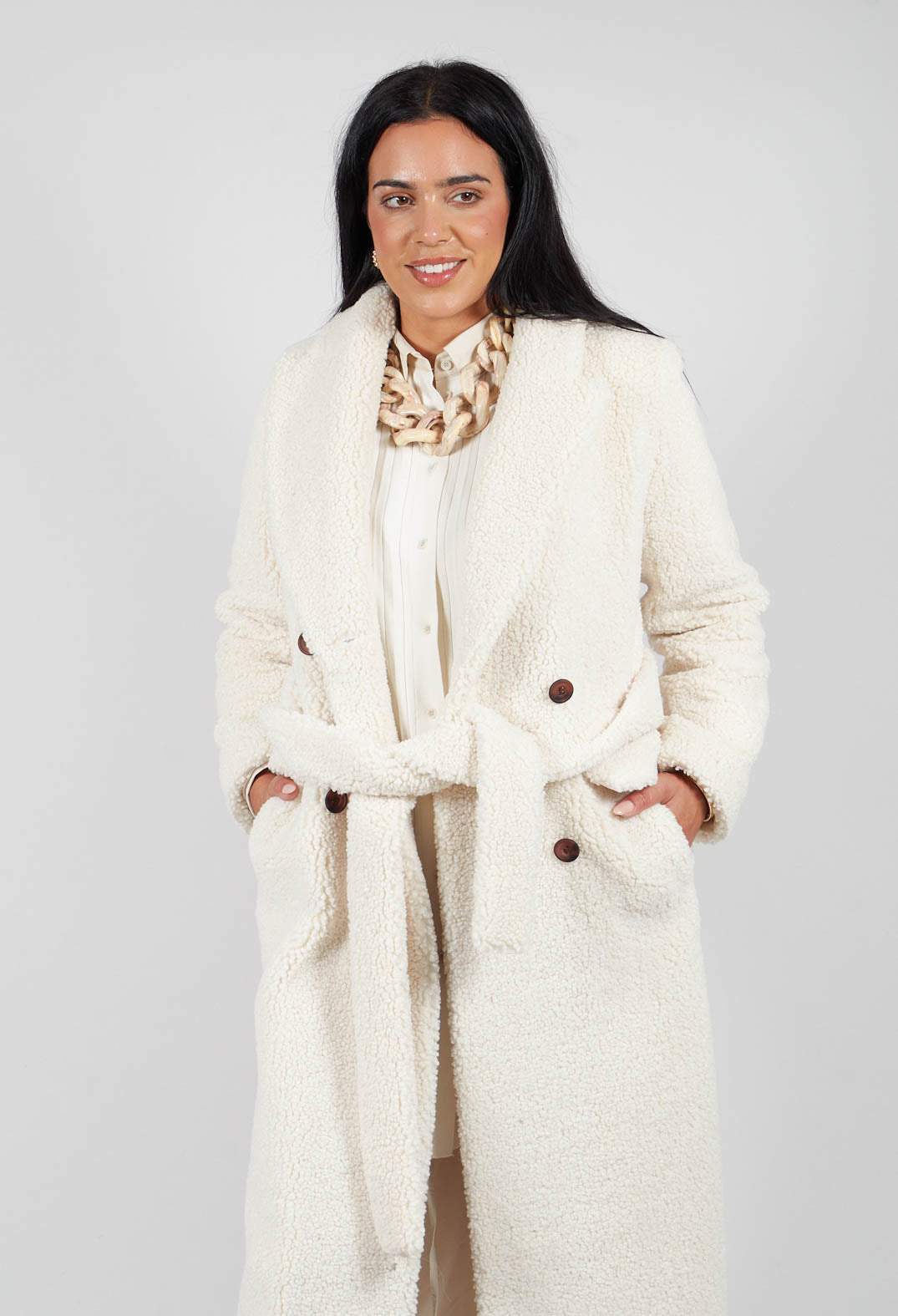 Long Sleeve Teddy Coat in Cream