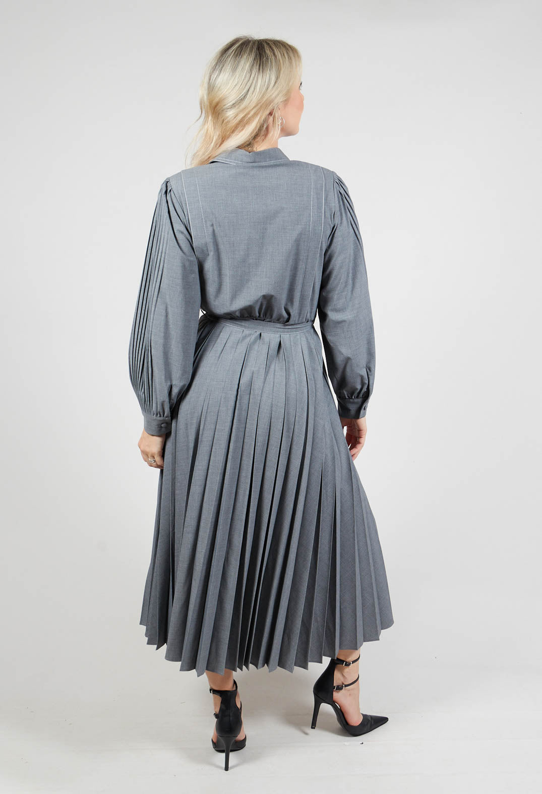 Pleated Shirt Dress with Long Sleeves in Grey