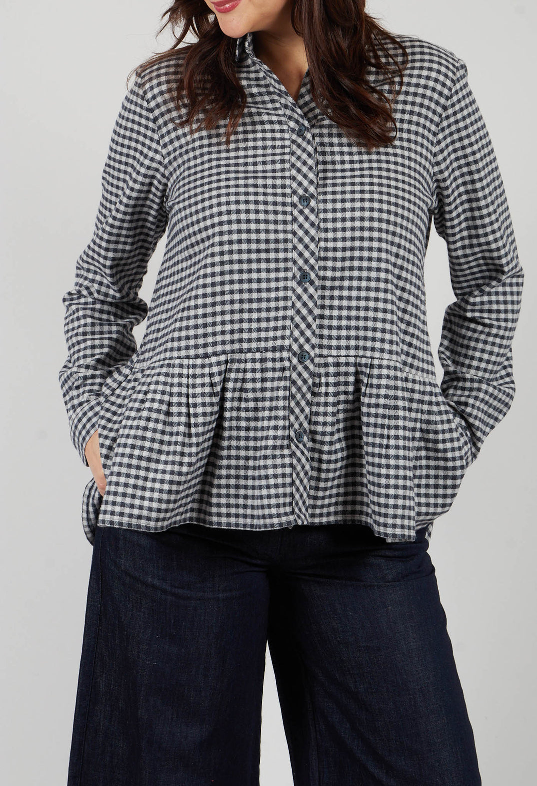 Long Sleeve Shirt with Flared Hem in Navy Check