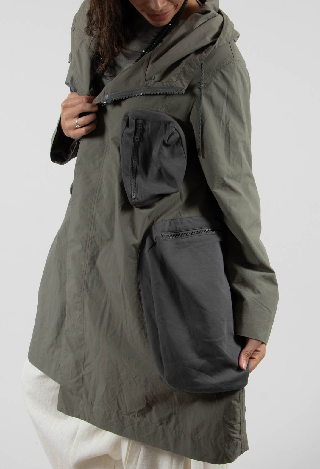 Hooded Utility Coat with Pockets in Light Khaki