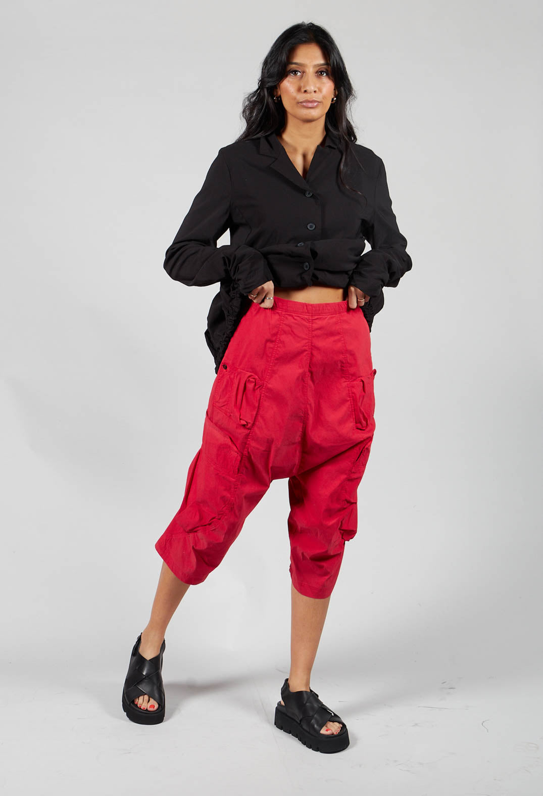 Short Drop Crotch Trousers With Side Pockets in Red