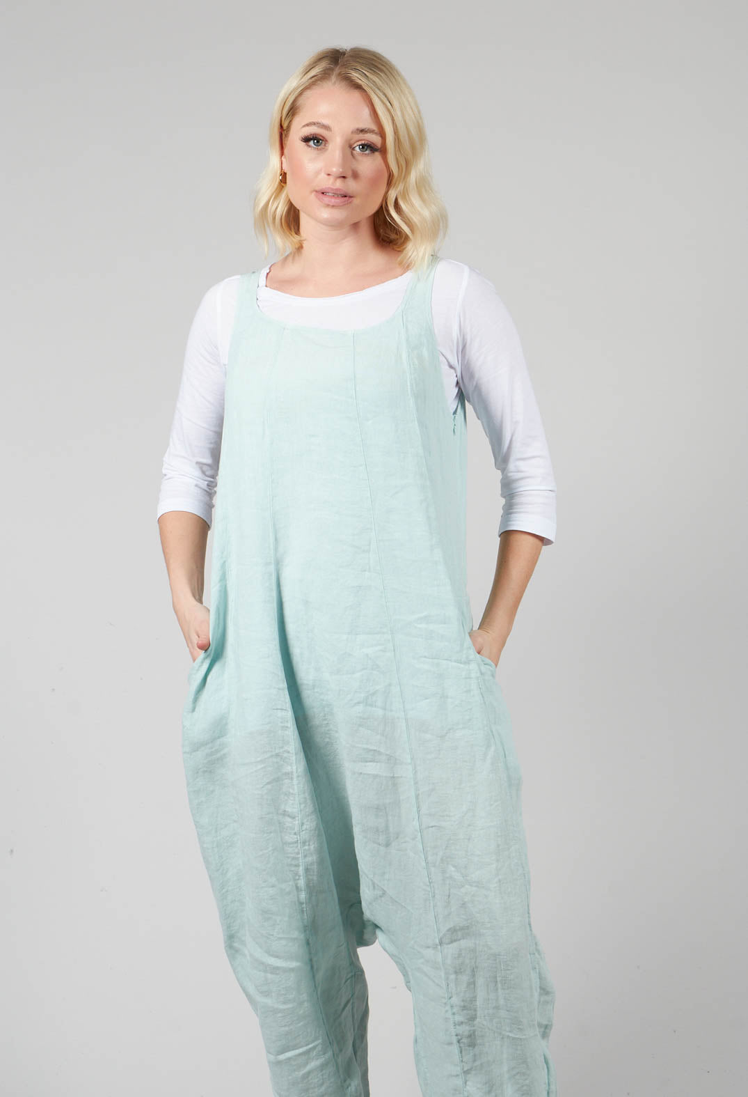 Drop Crotch Linen Jumpsuit in Sky