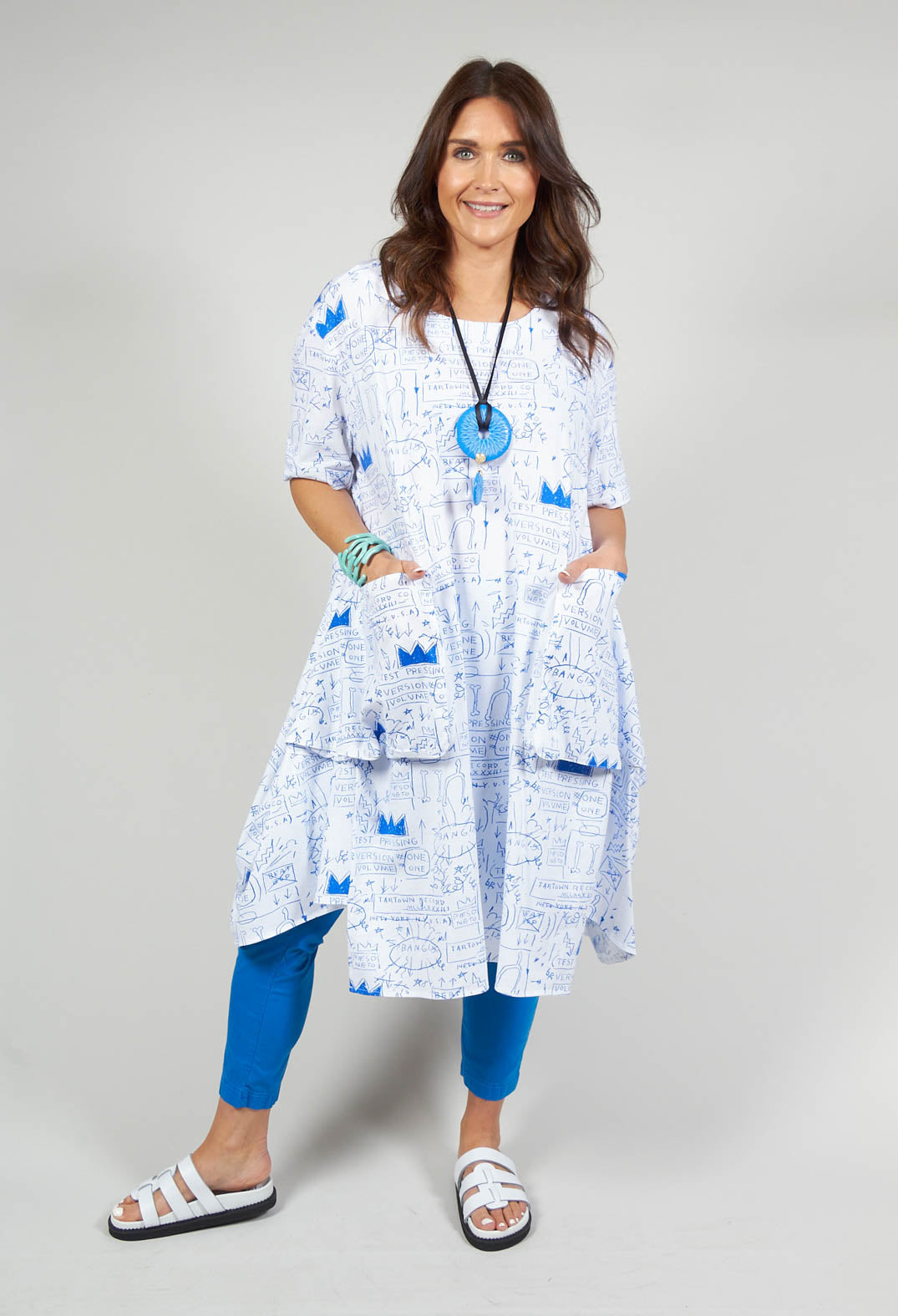 Jersey Dress with Oversized Pockets in Blue and White