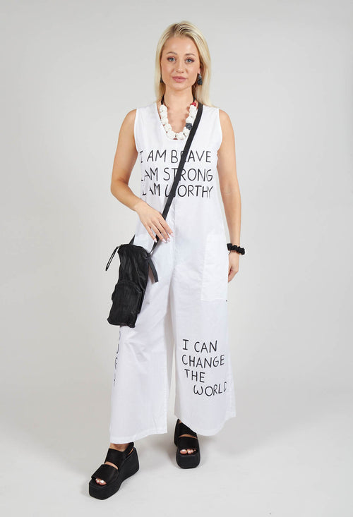 Drop Crotch Jumpsuit with Lettering in White