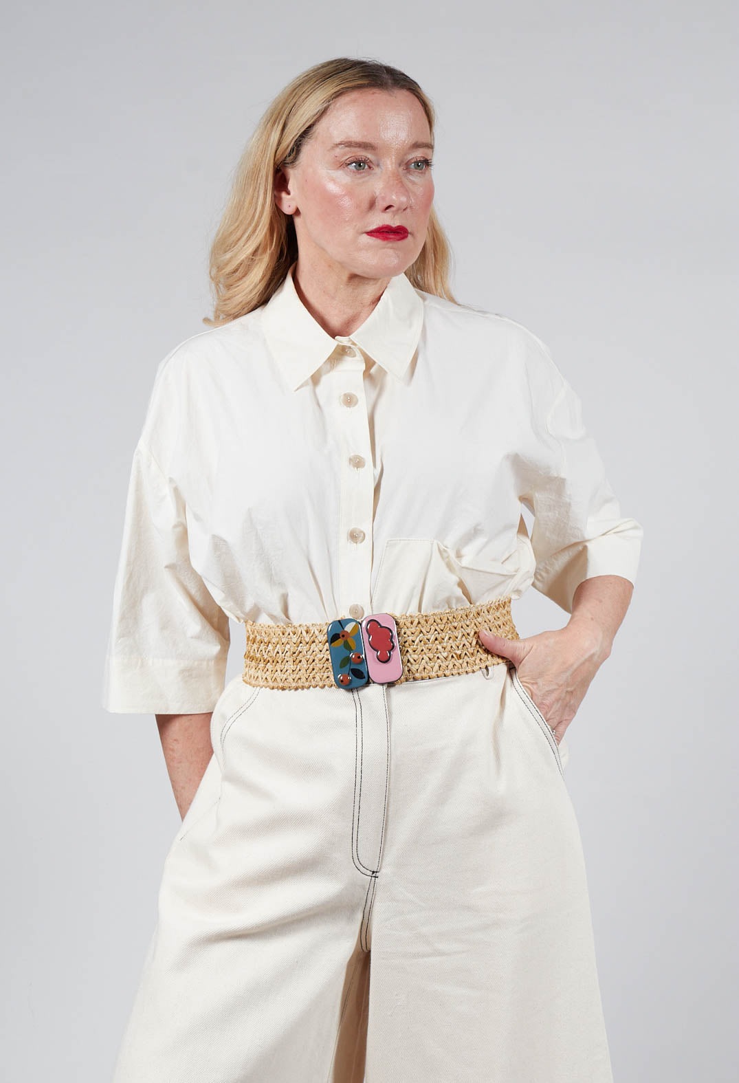 Wide Elasticated Woven Belt with Buckle Detail