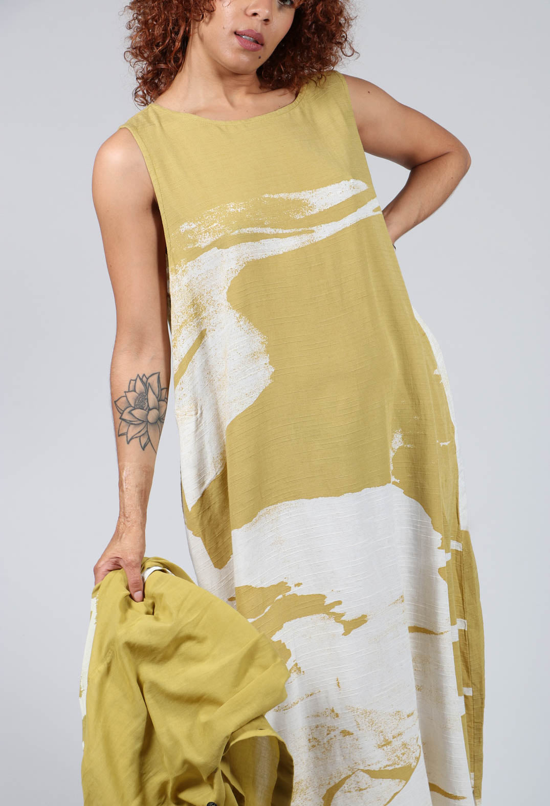 Midi Dress with Motif in Mustard