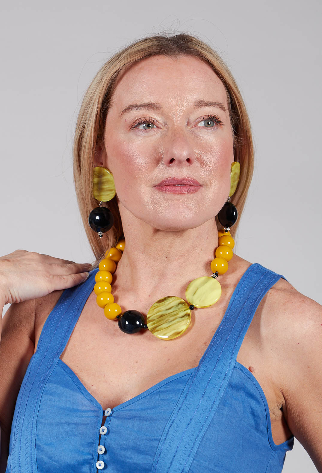 Beaded Choker with Circular Pendants in Mustard and Lime