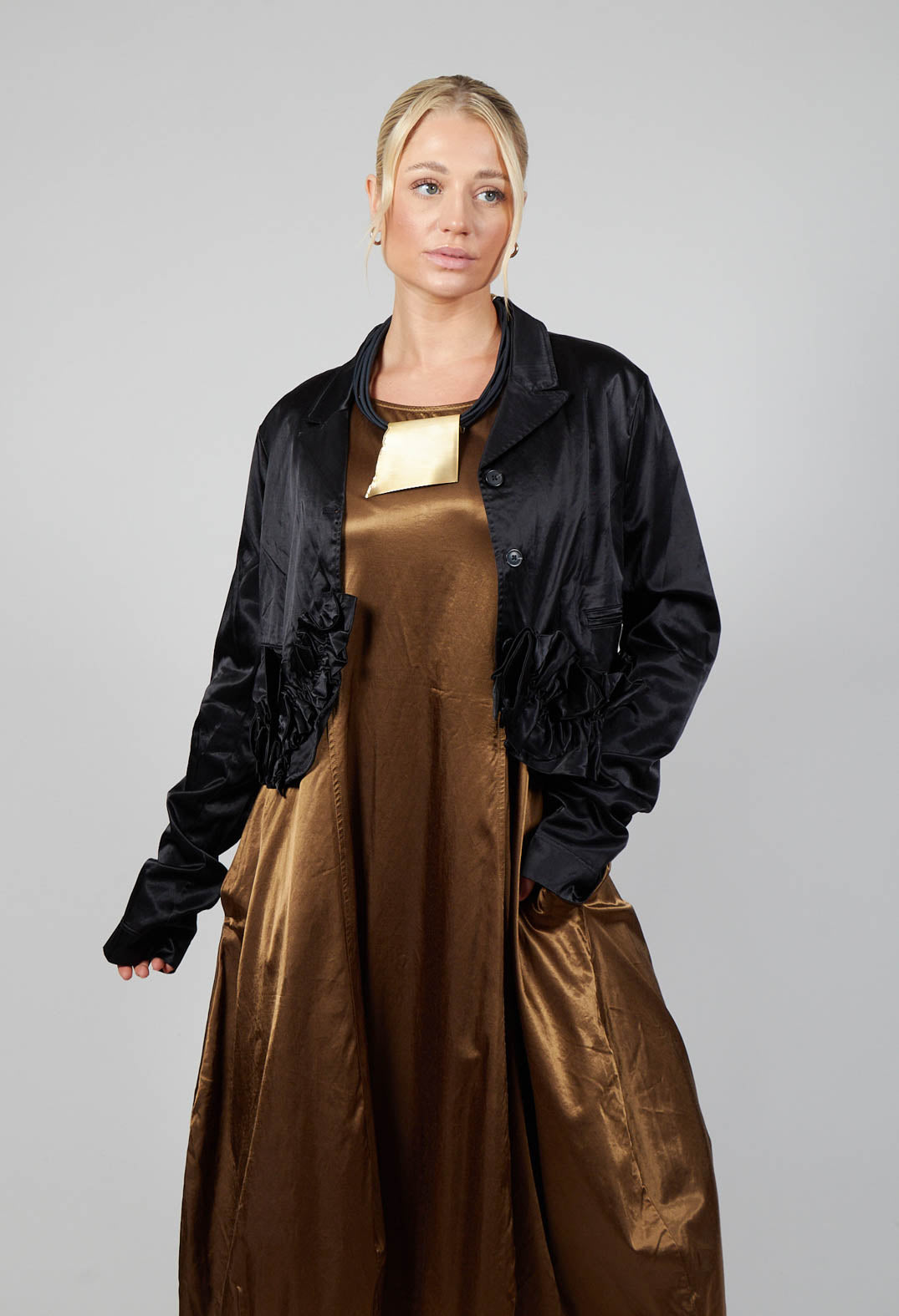 Black satin cropped clearance jacket