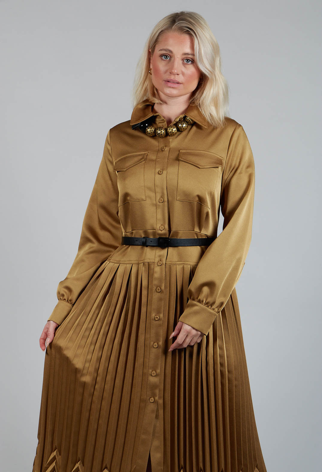 Gloss Satin Shirt Dress in Tobacco