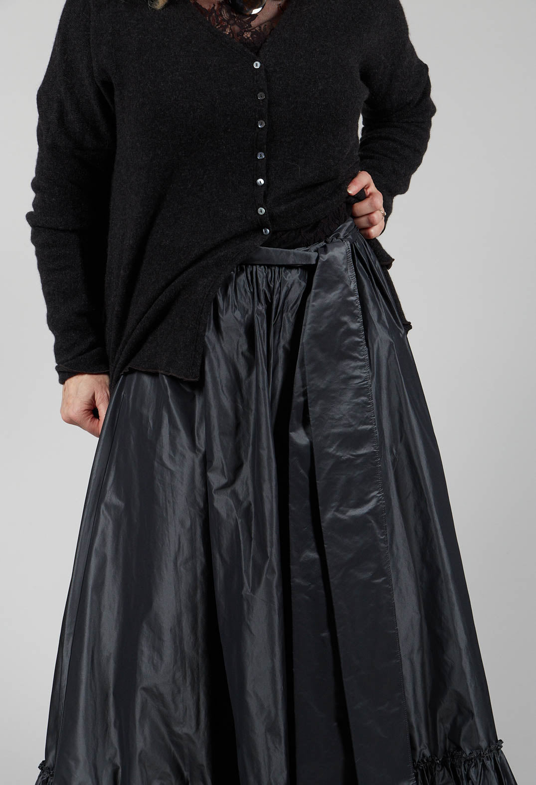 Taffeta Frill Hem Skirt in Obsidian Grey