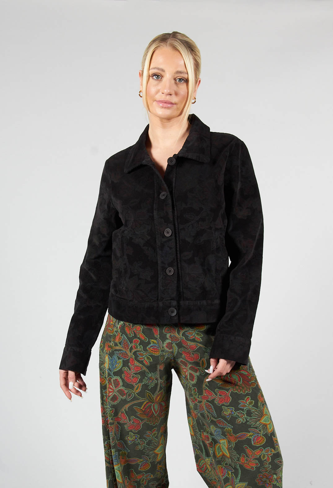 Paisley Print Short Cord Jacket in Black Olivia May