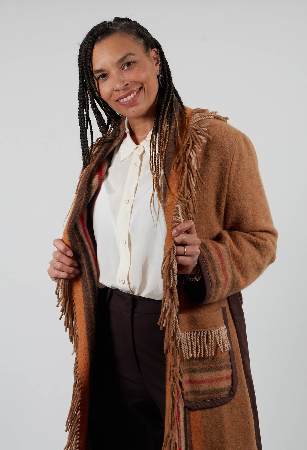 Coat with Fringes and Belt in Cinnamon