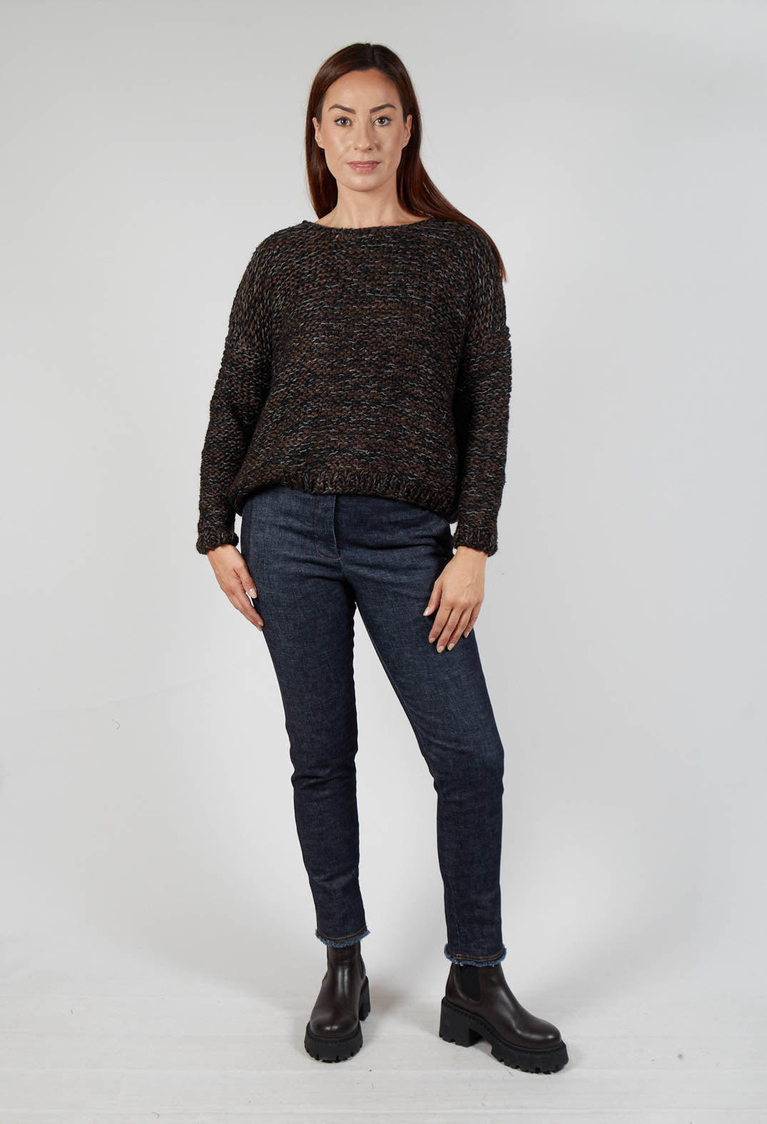 Purl Knit Scoop Neck Jumper in Brown Black