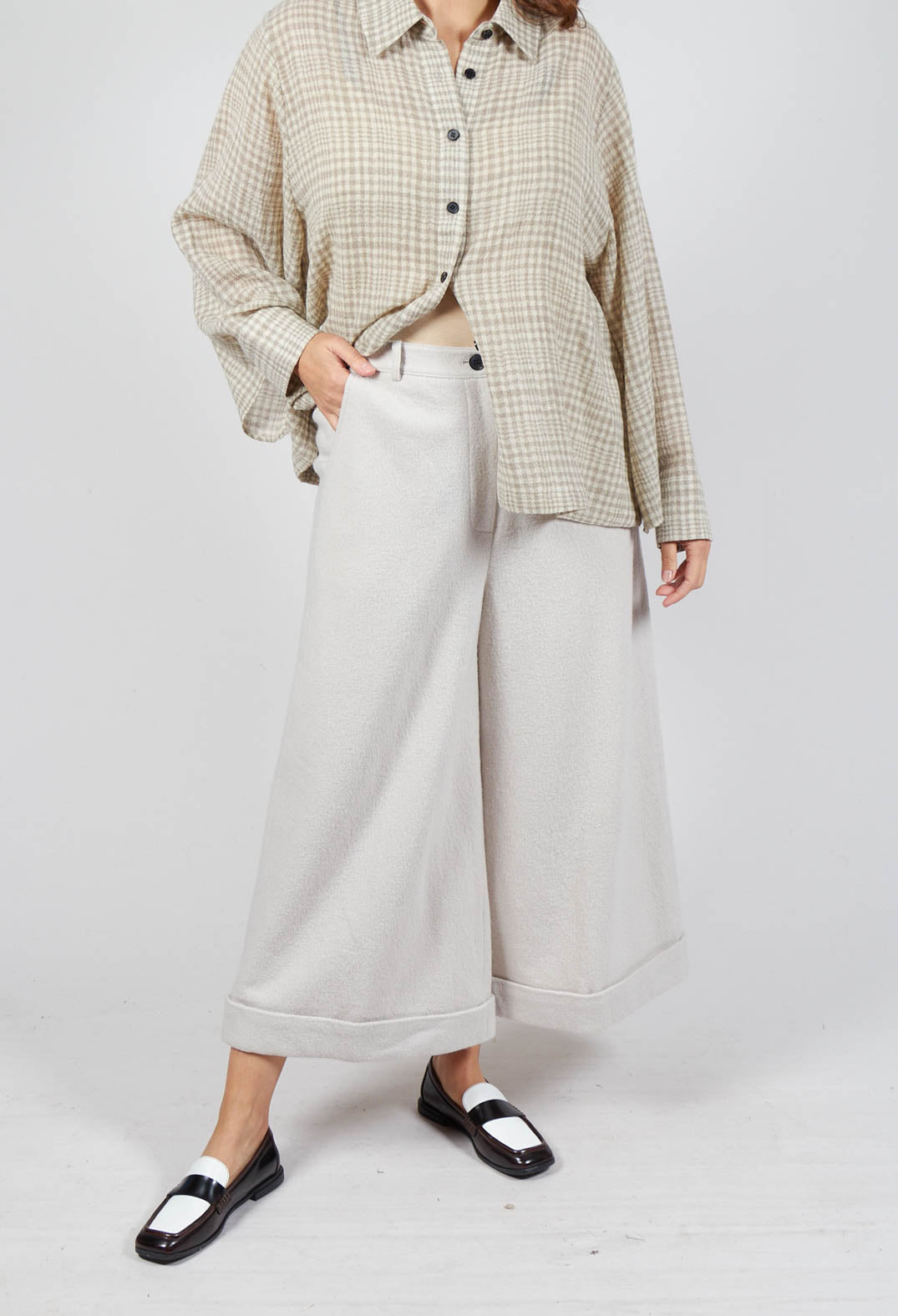 Cuffed Wide Leg Trousers in Off White