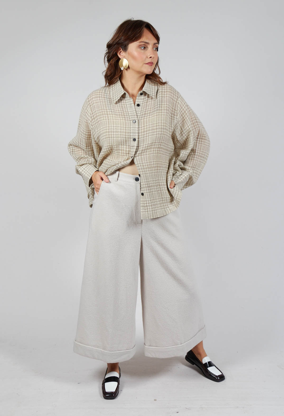 Cuffed Wide Leg Trousers in Off White