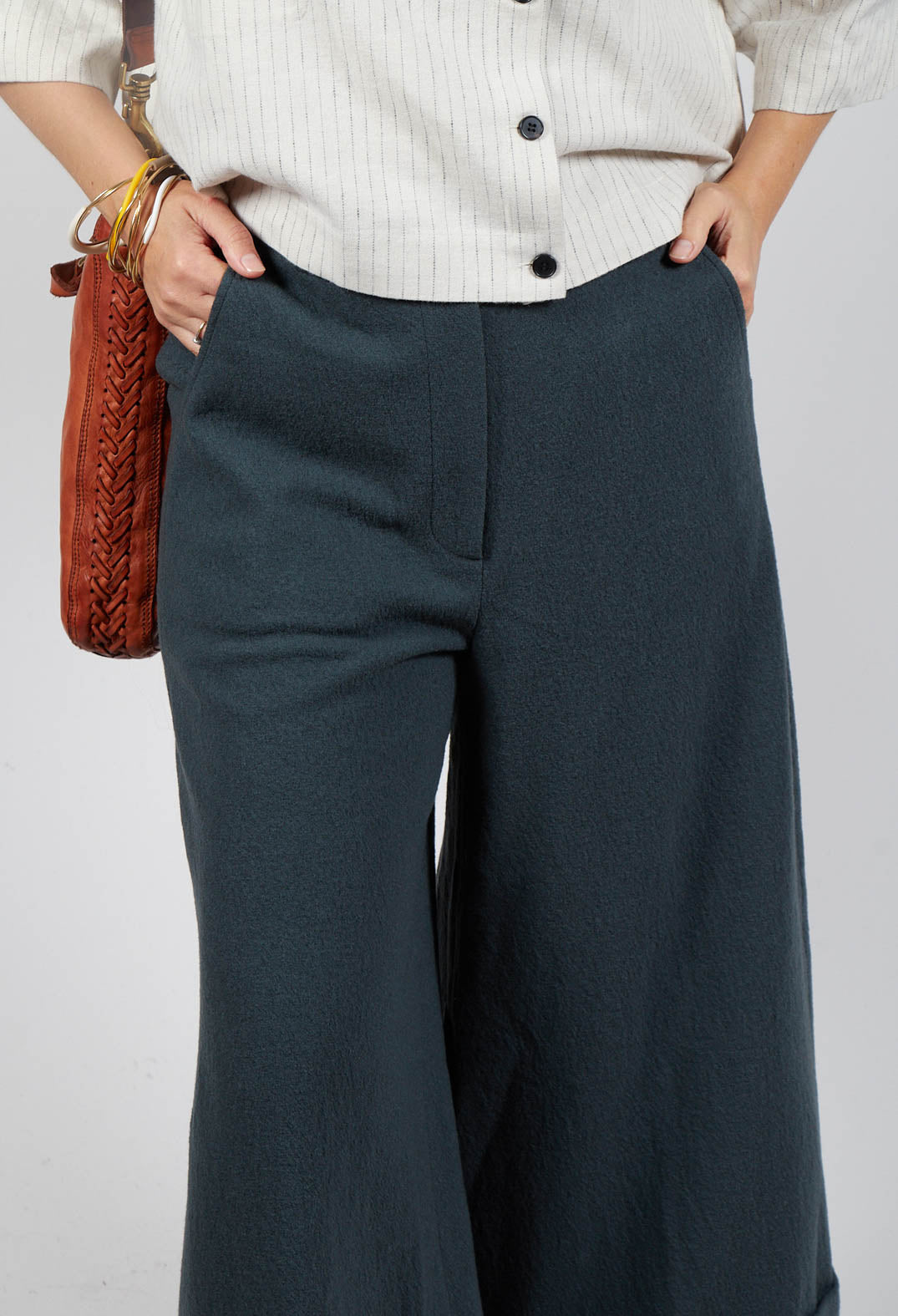 Cuffed Wide Leg Trousers in Blue Grey