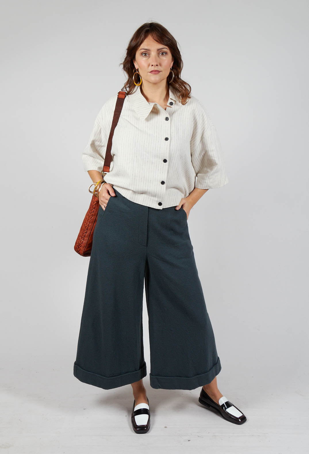 Cuffed Wide Leg Trousers in Blue Grey